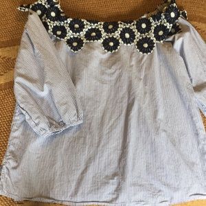 LOFT Off shoulder blue/white striped blouse.